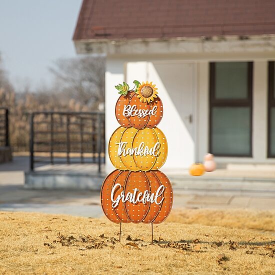 Glitzhome "35.5"" Metal Stacked Pumpkins" Thanksgiving Yard Art
