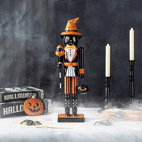 Glitzhome 19"H Halloween Wooden Black Cat Pumpkin Ornament Wood Nutcracker