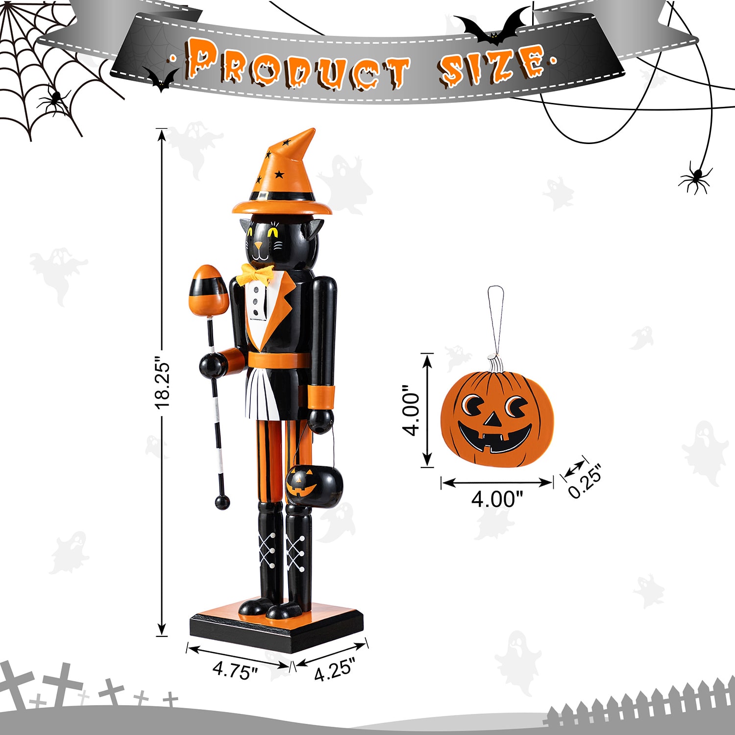 Glitzhome 19"H Halloween Wooden Black Cat Pumpkin Ornament Wood Nutcracker