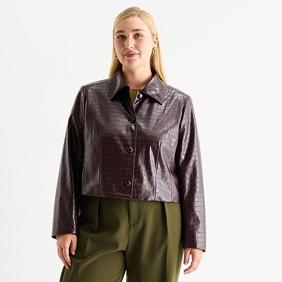 Worthington Womens Plus Faux Leather Lightweight Cropped Jacket
