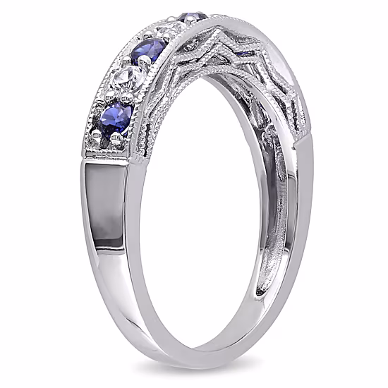 Womens 2MM Lab Created Blue Sapphire Sterling Silver Wedding Band
