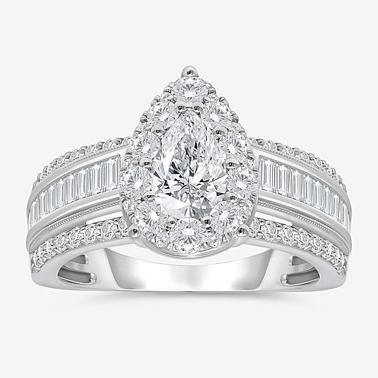 (I / I1) Womens 2 CT. T.W. Lab Grown White Diamond 10K Gold Pear Side Stone Engagement Ring
