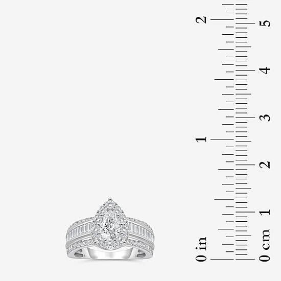 (I / I1) Womens 2 CT. T.W. Lab Grown White Diamond 10K Gold Pear Side Stone Engagement Ring