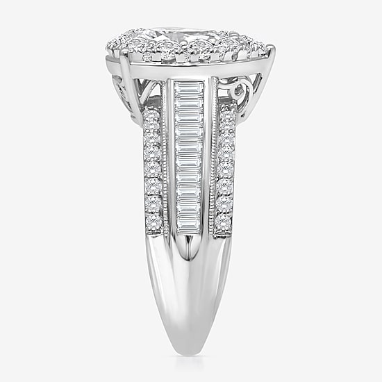 (I / I1) Womens 2 CT. T.W. Lab Grown White Diamond 10K Gold Pear Side Stone Engagement Ring