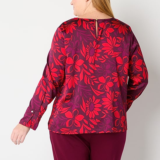 Liz Claiborne Womens Plus Round Neck Long Sleeve Blouse