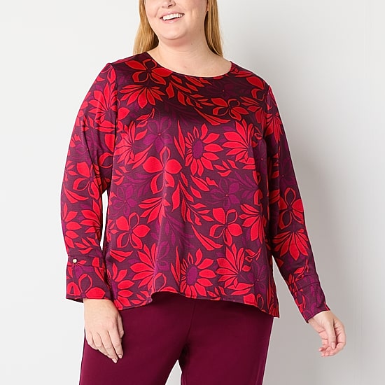 Liz Claiborne Womens Plus Round Neck Long Sleeve Blouse