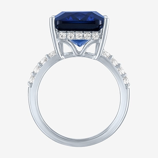 Womens Lab Created Blue Sapphire Sterling Silver Side Stone Cocktail Ring