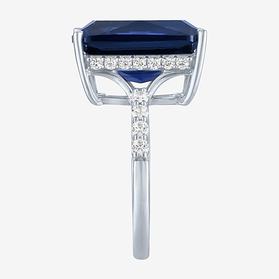 Womens Lab Created Blue Sapphire Sterling Silver Side Stone Cocktail Ring