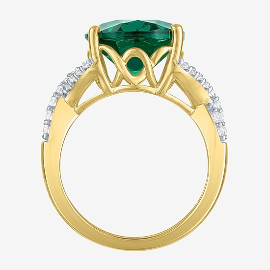 Womens Simulated Green Emerald 14K Gold Over Silver Oval Side Stone Cocktail Ring