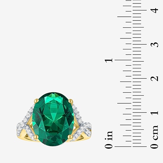Womens Simulated Green Emerald 14K Gold Over Silver Oval Side Stone Cocktail Ring