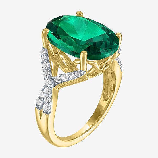 Womens Simulated Green Emerald 14K Gold Over Silver Oval Side Stone Cocktail Ring