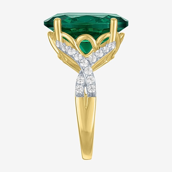 Womens Simulated Green Emerald 14K Gold Over Silver Oval Side Stone Cocktail Ring