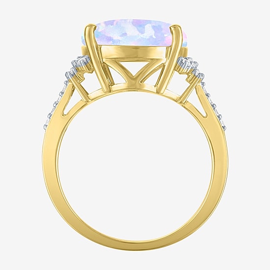 Womens Lab Created White Opal 14K Gold Over Silver Oval Side Stone Cocktail Ring