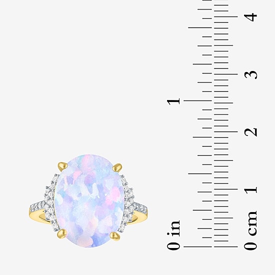 Womens Lab Created White Opal 14K Gold Over Silver Oval Side Stone Cocktail Ring