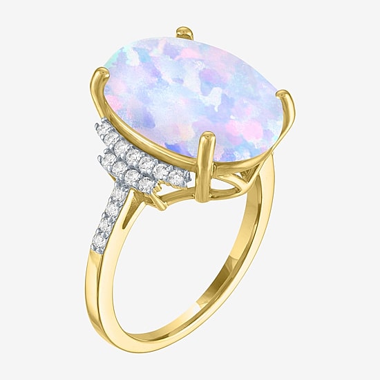 Womens Lab Created White Opal 14K Gold Over Silver Oval Side Stone Cocktail Ring