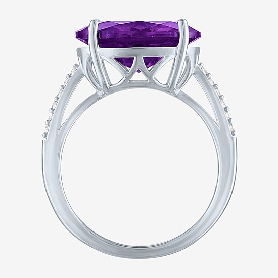 Womens Genuine Purple Amethyst Sterling Silver Oval Side Stone Cocktail Ring