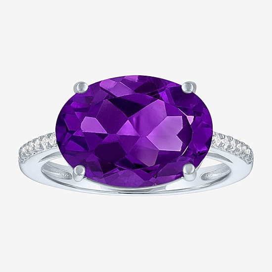 Womens Genuine Purple Amethyst Sterling Silver Oval Side Stone Cocktail Ring