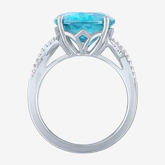 Womens Genuine Blue Topaz Sterling Silver Oval Side Stone Cocktail Ring