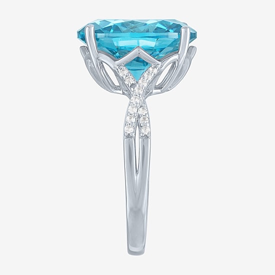 Womens Genuine Blue Topaz Sterling Silver Oval Side Stone Cocktail Ring