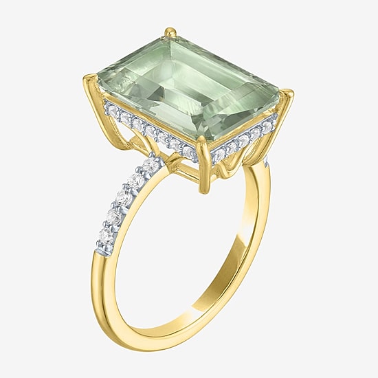 Womens Genuine Green Amethyst 14K Gold Over Silver Side Stone Cocktail Ring