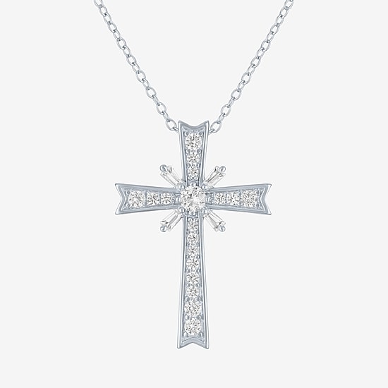 Yes, Please! Womens Lab Created White Sapphire Sterling Silver Cross Pendant