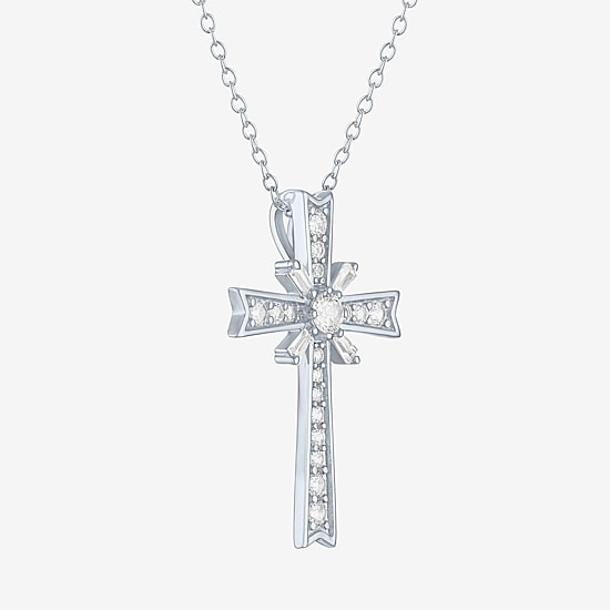 Yes, Please! Womens Lab Created White Sapphire Sterling Silver Cross Pendant