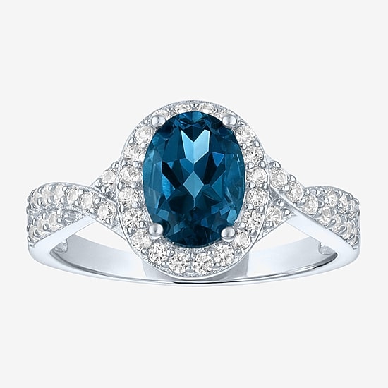 Yes, Please! Womens Genuine Blue Topaz Sterling Silver Halo Side Stone Cocktail Ring