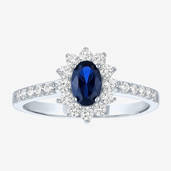 Yes, Please! Womens Lab Created Blue Sapphire Sterling Silver Halo Side Stone Cocktail Ring