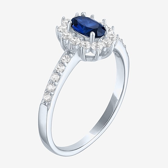 Yes, Please! Womens Lab Created Blue Sapphire Sterling Silver Halo Side Stone Cocktail Ring