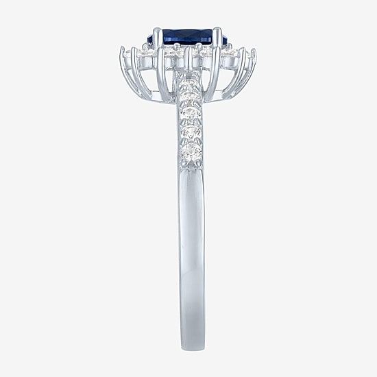 Yes, Please! Womens Lab Created Blue Sapphire Sterling Silver Halo Side Stone Cocktail Ring