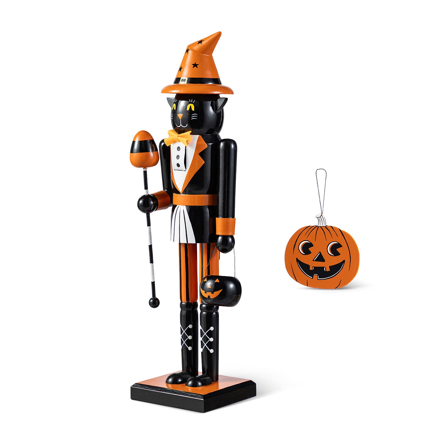 Glitzhome 19"H Halloween Wooden Black Cat Pumpkin Ornament Wood Nutcracker