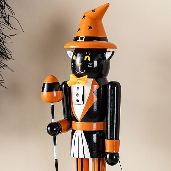 Glitzhome 19"H Halloween Wooden Black Cat Pumpkin Ornament Wood Nutcracker
