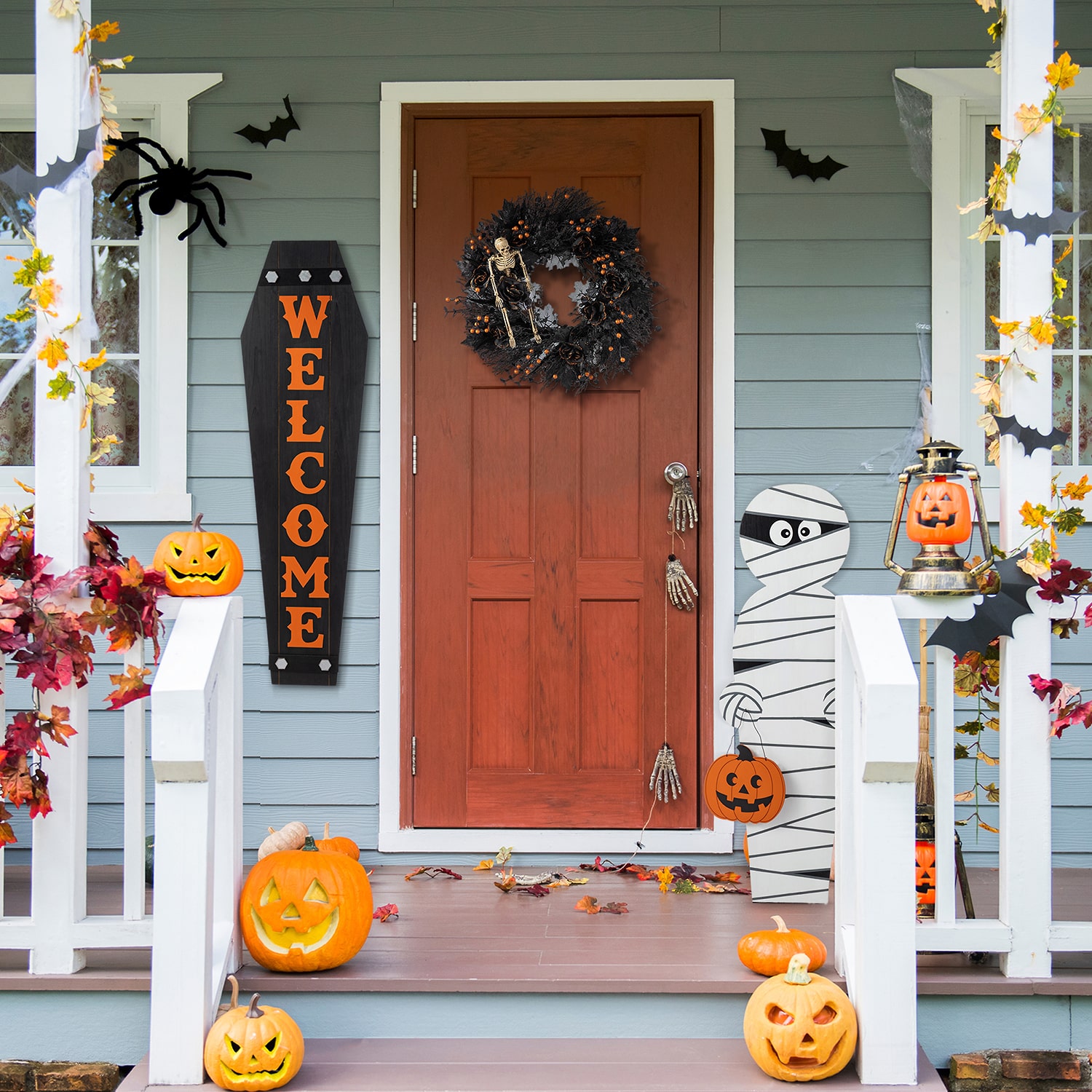 Glitzhome Halloween Wood Mummy And Welcome Coffin Halloween Porch Sign