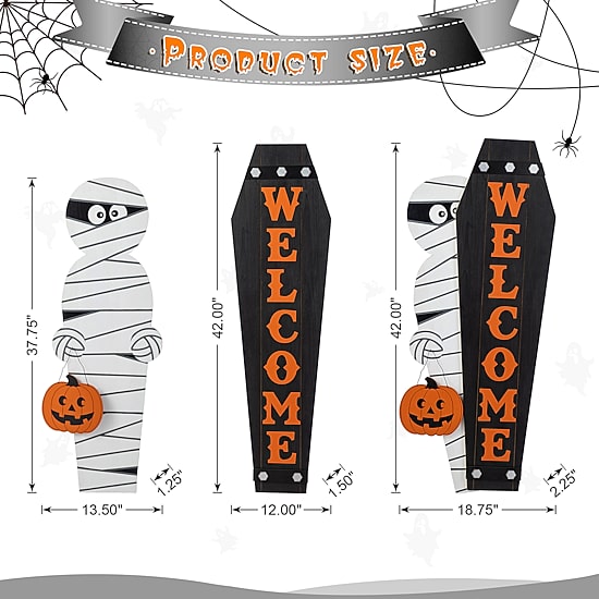 Glitzhome Halloween Wood Mummy And Welcome Coffin Porch Sign
