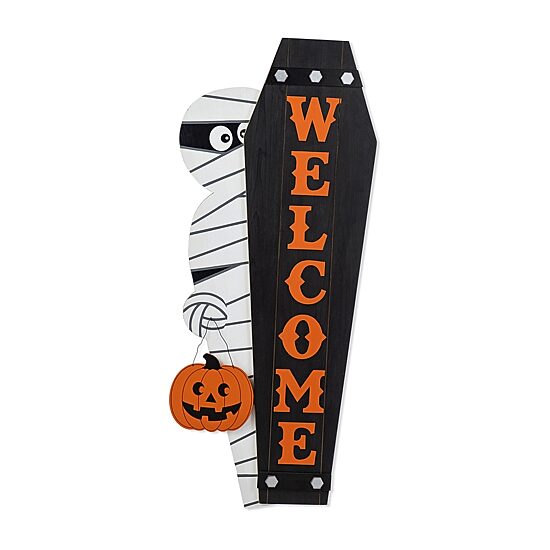 Glitzhome Halloween Wood Mummy And Welcome Coffin Porch Sign