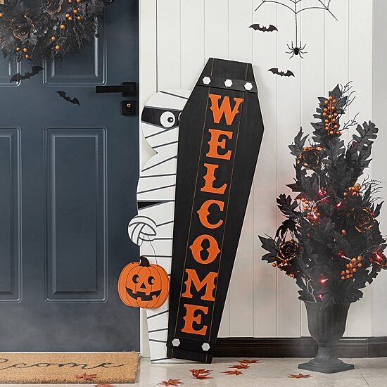 Glitzhome Halloween Wood Mummy And Welcome Coffin Porch Sign