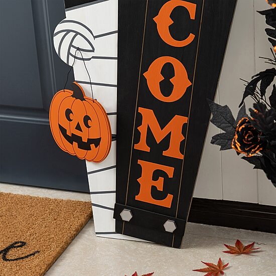 Glitzhome Halloween Wood Mummy And Welcome Coffin Porch Sign