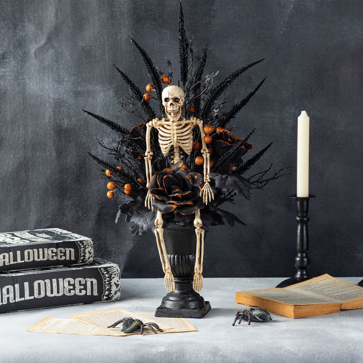 Glitzhome 22"H Halloween Black Rose, Skeleton And Berry Urn Tree Halloween Tabletop Decor