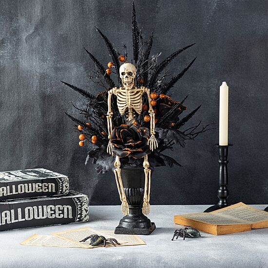 Glitzhome 22"H Halloween Black Rose, Skeleton And Berry Urn Tree Tabletop Decor