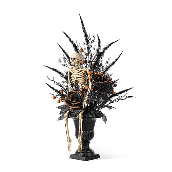 Glitzhome 22"H Halloween Black Rose, Skeleton And Berry Urn Tree Tabletop Decor