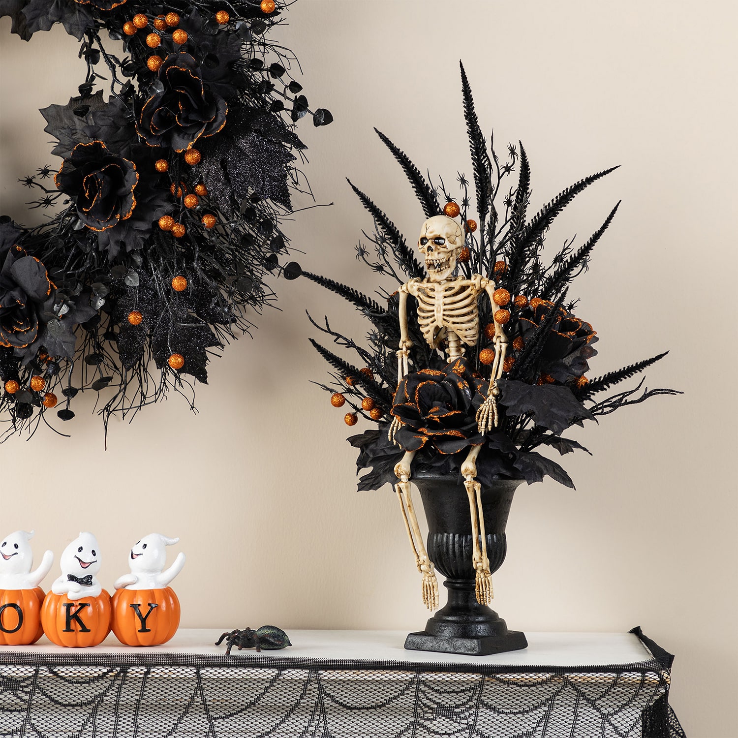 Glitzhome 22"H Halloween Black Rose, Skeleton And Berry Urn Tree Halloween Tabletop Decor