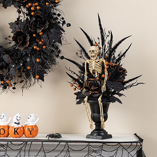 Glitzhome 22"H Halloween Black Rose, Skeleton And Berry Urn Tree Tabletop Decor