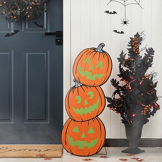 Glitzhome 36"H Halloween Wood Skeleton Cat And Stacked Pumpkin Porch Sign