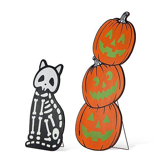 Glitzhome 36"H Halloween Wood Skeleton Cat And Stacked Pumpkin Porch Sign