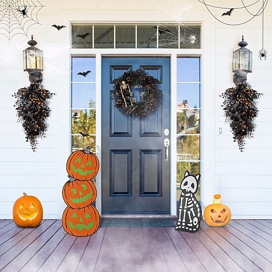 Glitzhome 36"H Halloween Wood Skeleton Cat And Stacked Pumpkin Porch Sign