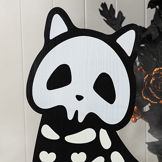 Glitzhome 36"H Halloween Wood Skeleton Cat And Stacked Pumpkin Porch Sign