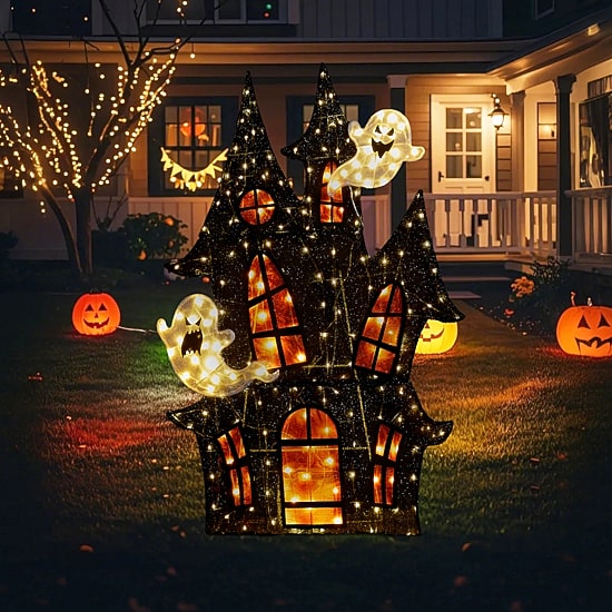Glitzhome 62"H Lighted Halloween 2d Haunted House Outdoor Décor Halloween Inflatable