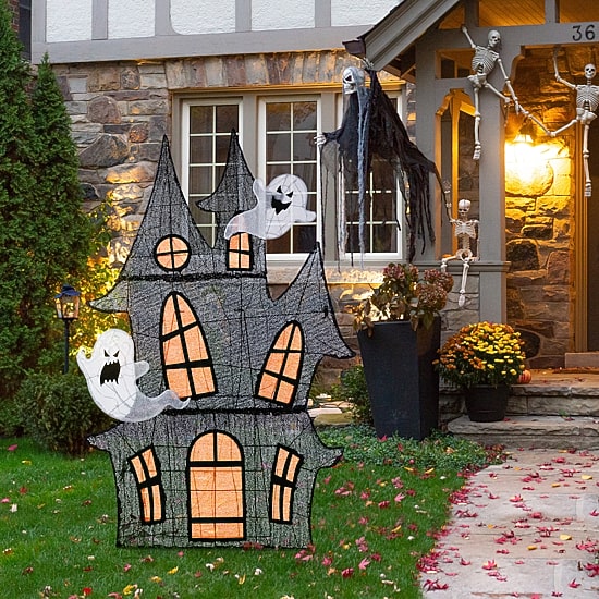 Glitzhome 62"H Lighted Halloween 2d Haunted House Outdoor Décor Halloween Inflatable