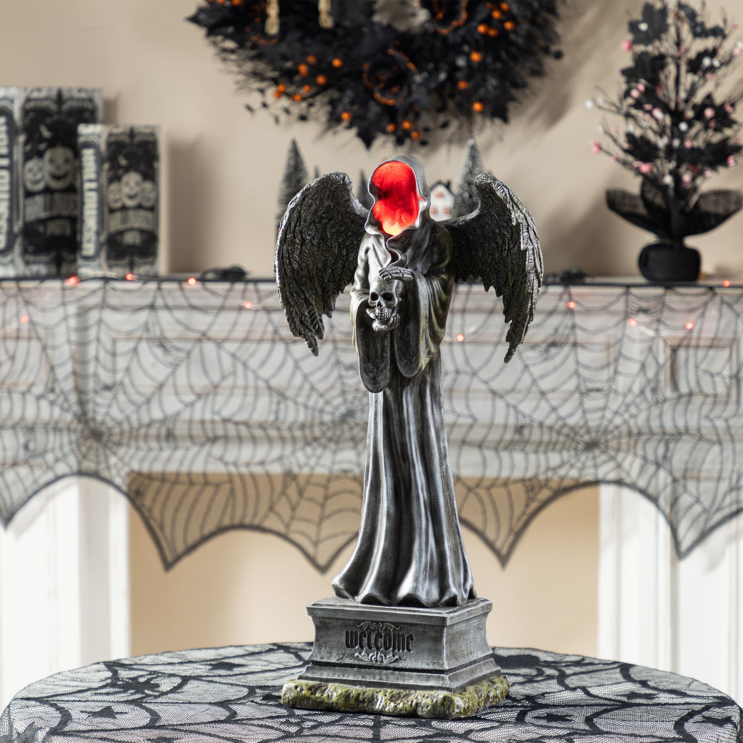 Glitzhome 24"H Lighted Halloween Grim Reaper Resin Halloween Porch Sign