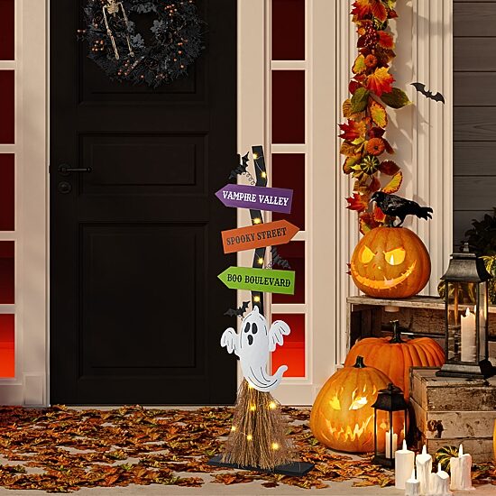 Glitzhome 42"H Lighted Wooden Ghost'S Broom Porch Sign